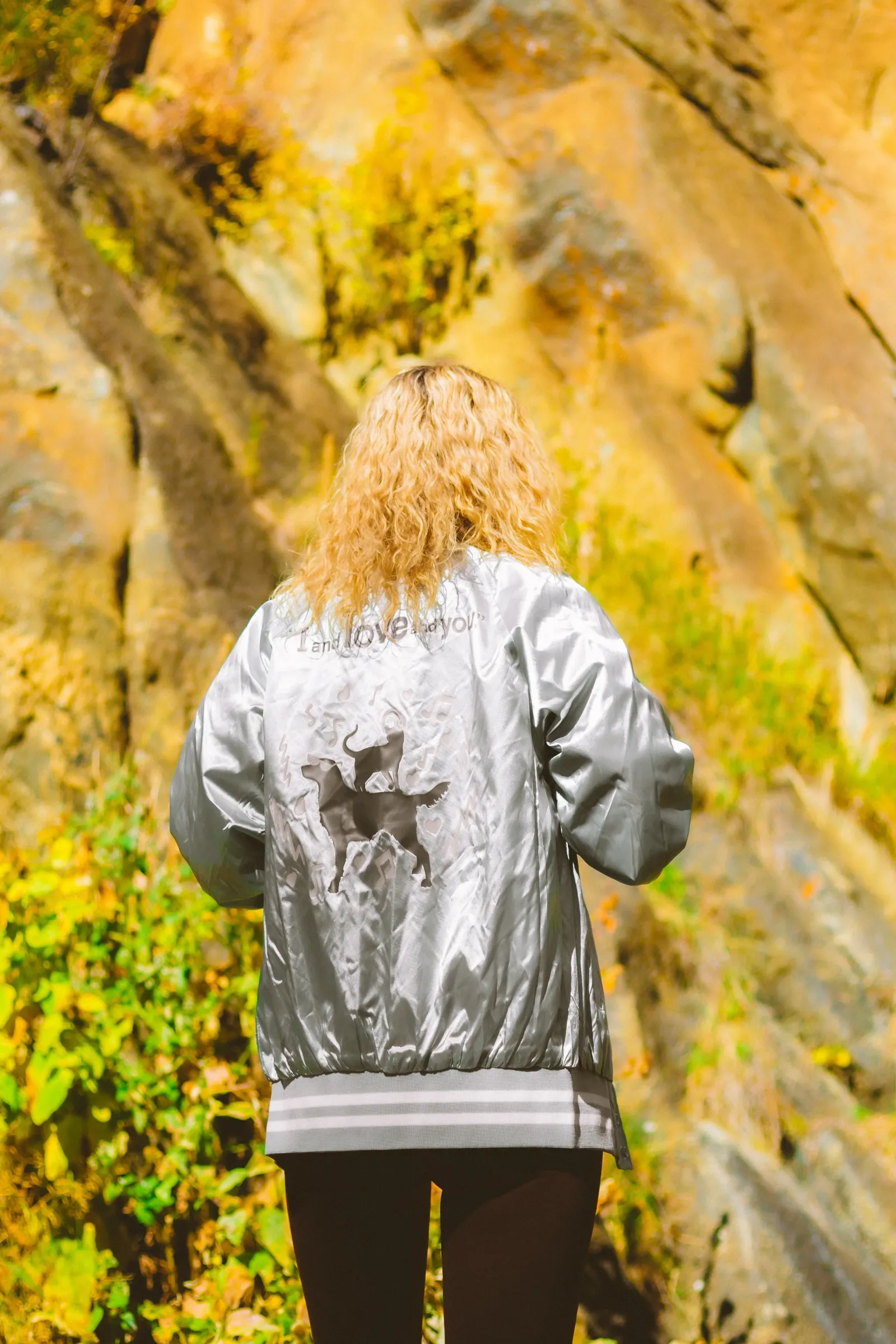 I And Love And You Heat Transfer Silver Satin Bomber Jacket by Anthem Branding 2