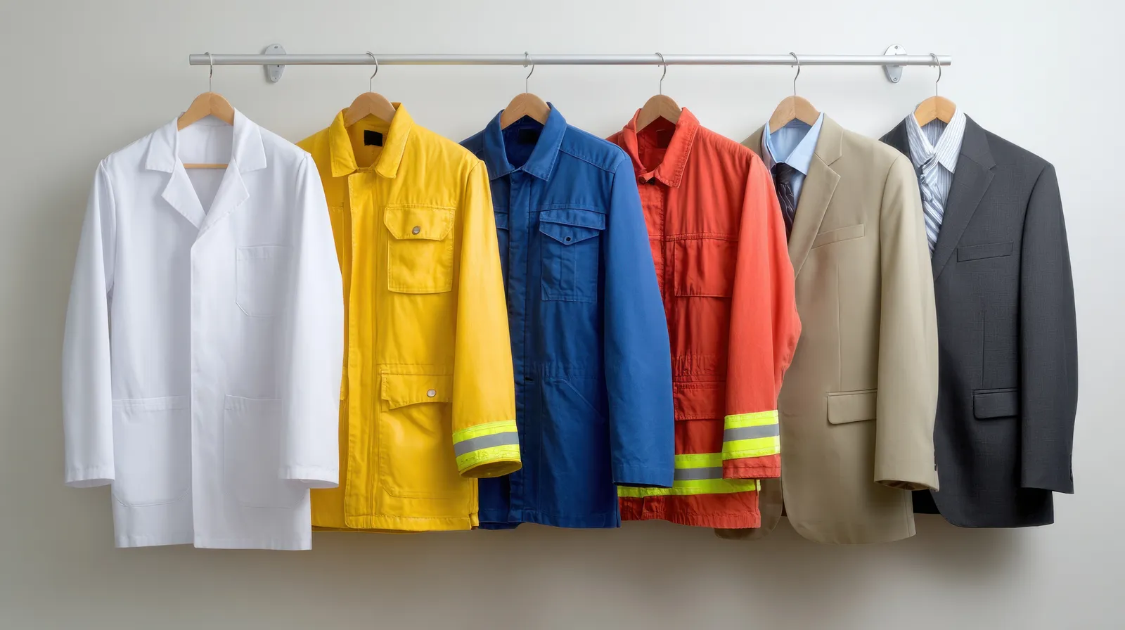 Work uniforms representing various professions, including healthcare, construction, emergency services, and business, are hanging on a rack, symbolizing diverse career paths and job opportunities