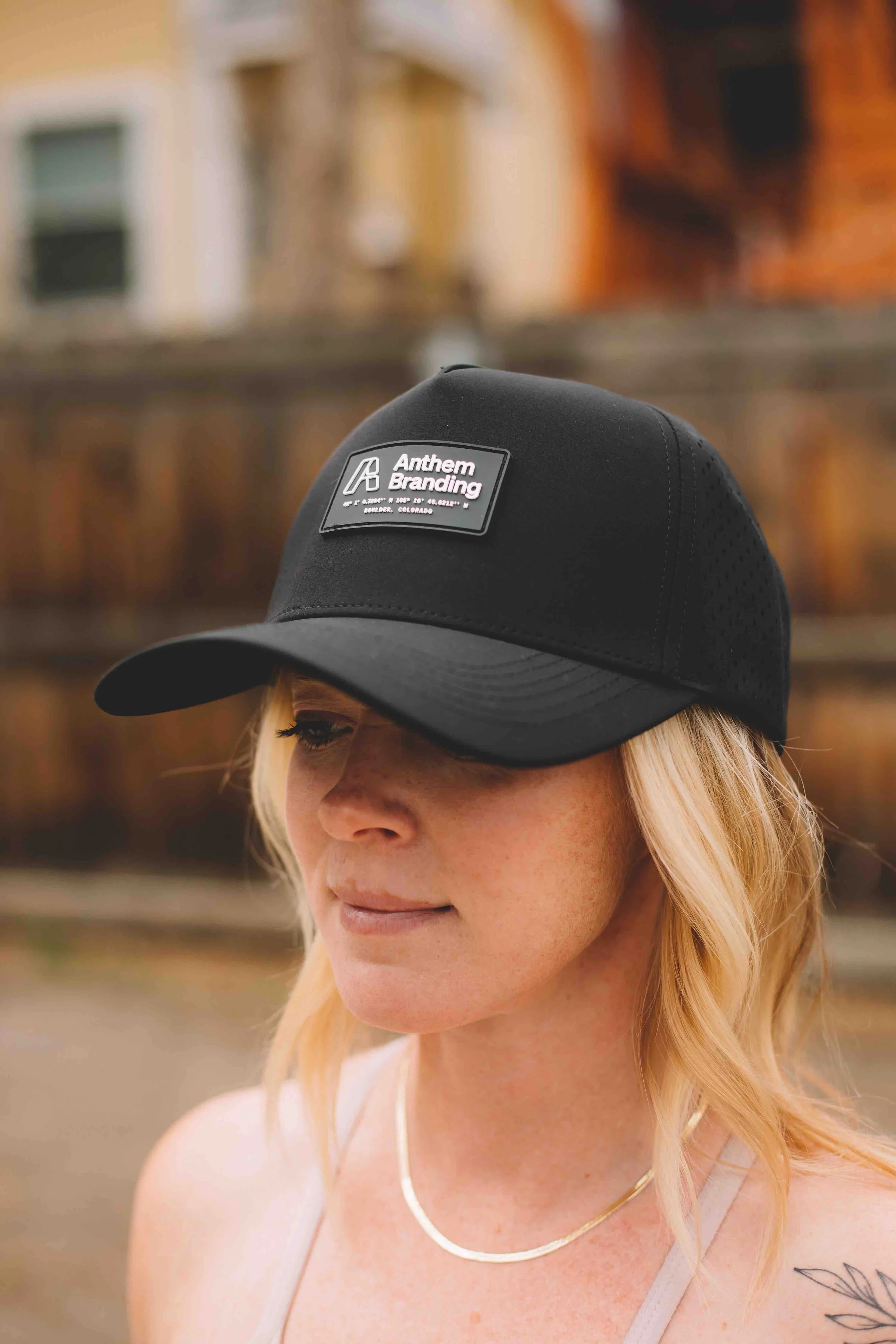 Anthem Branding custom 5 panel performance hat polyester perforated poly mid crown curved brim by anthem branding 2