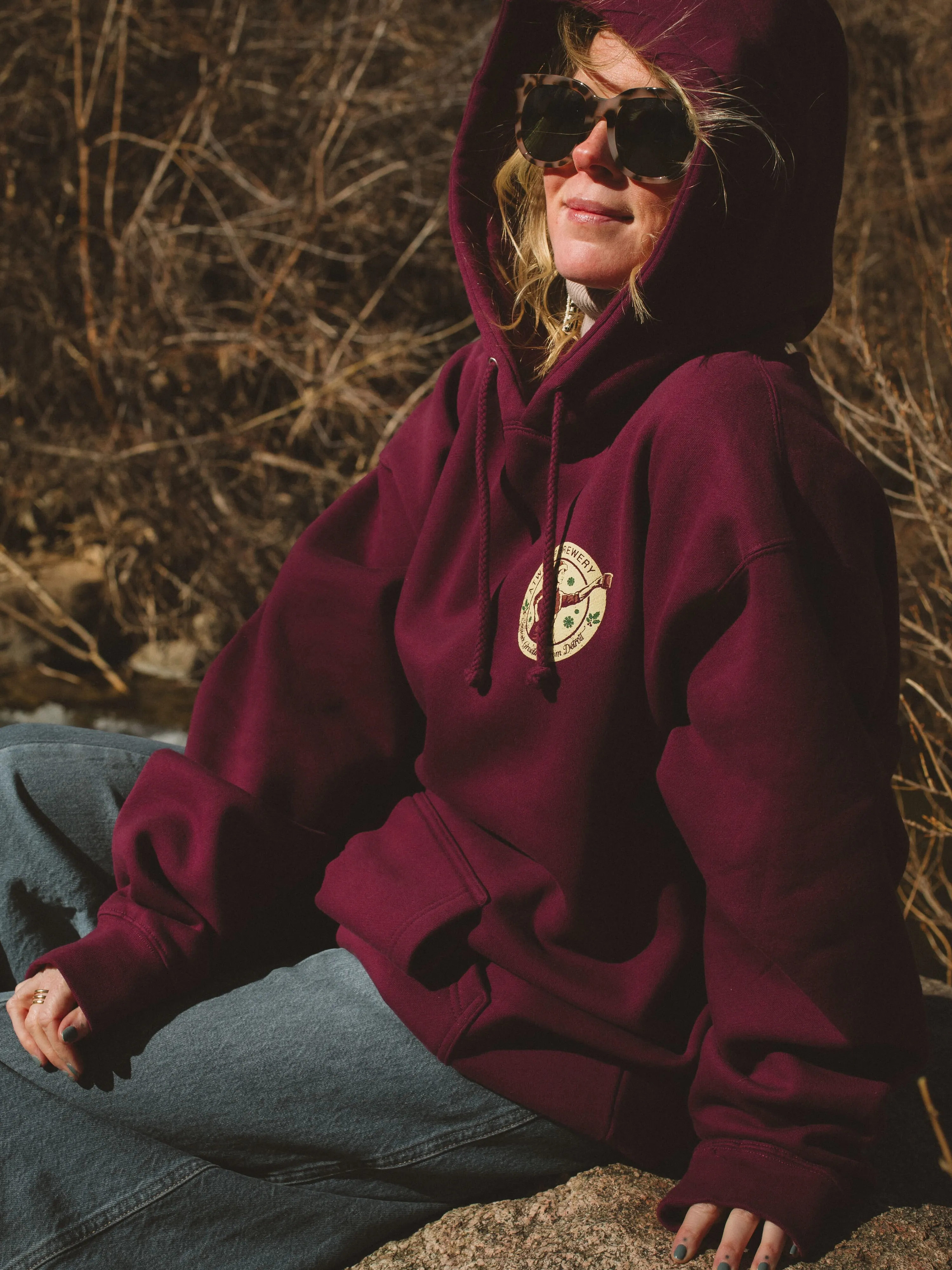 Atwater brewery burgandy hoodie by anthem branding lifestyle 7