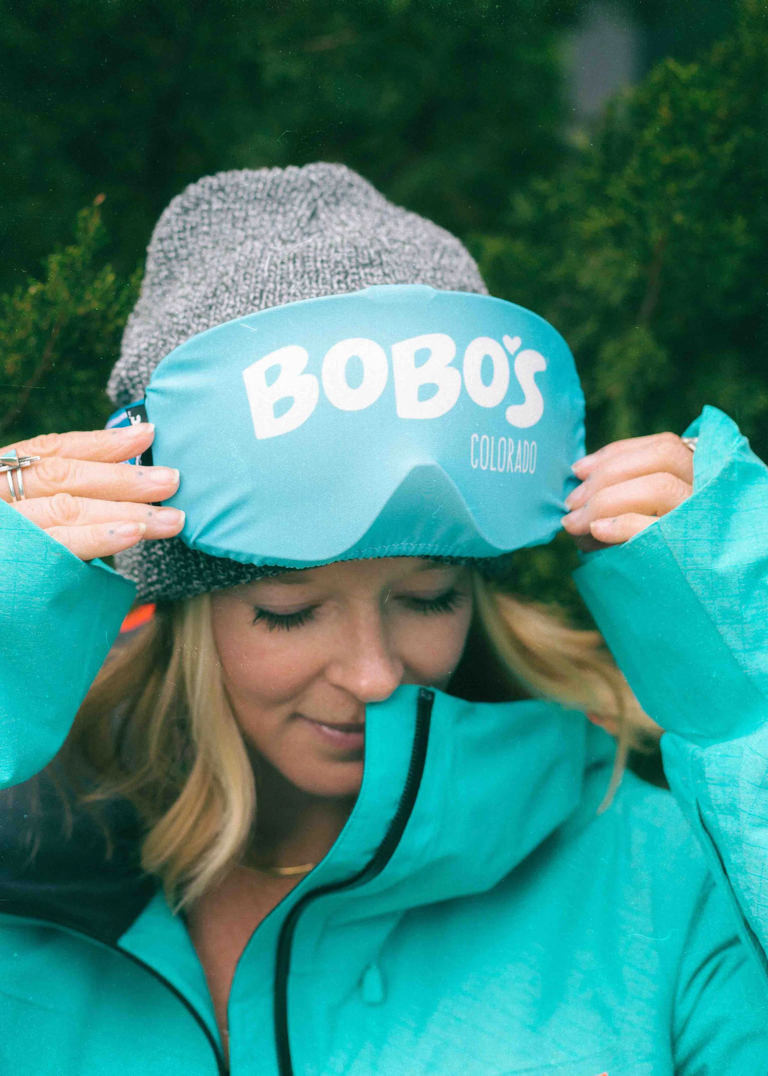 Bobos Oat Bars blue ski goggle covers sublimated text by Anthem Branding 1