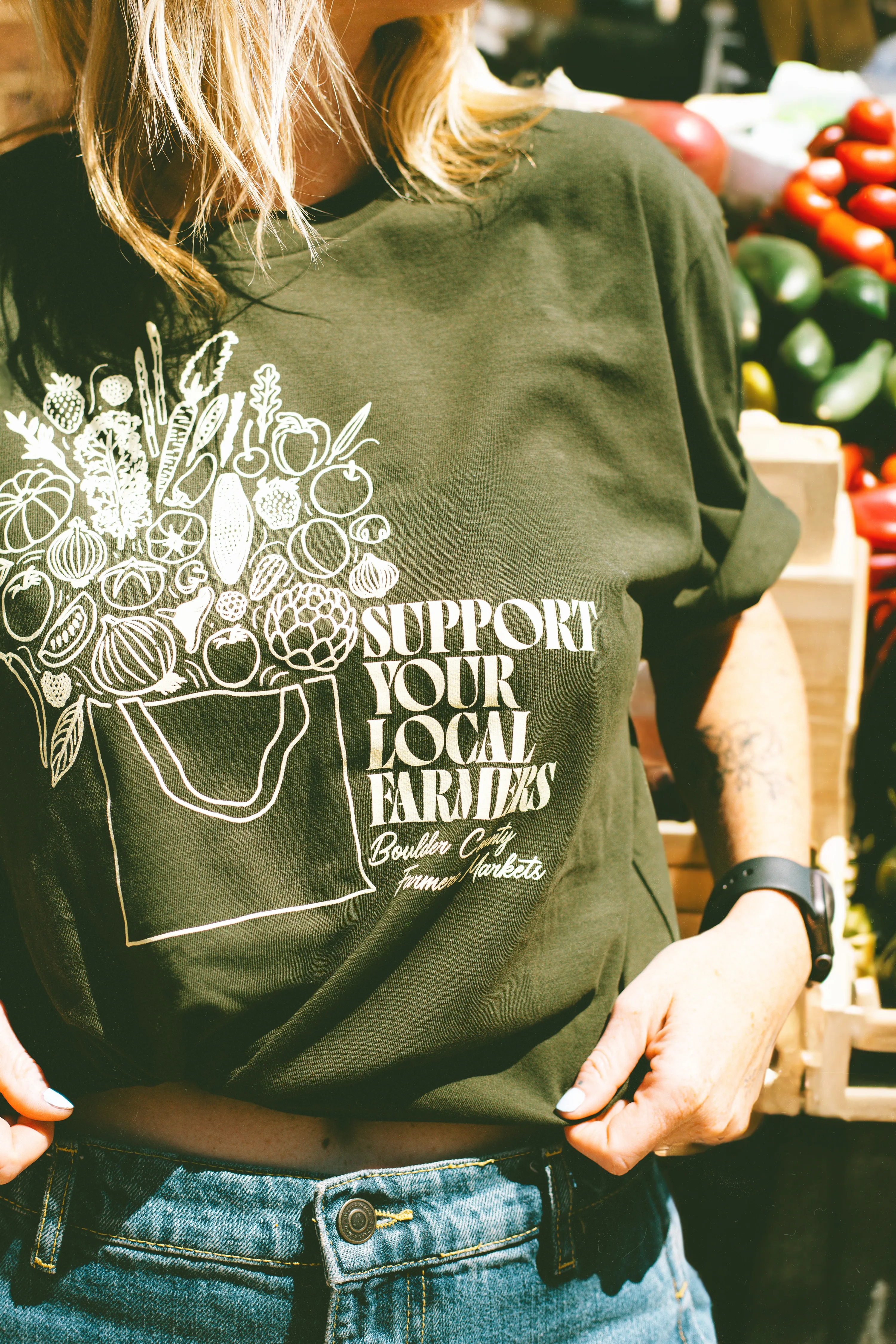 Boulder County Farmers Market Support Your Local Farmers Screen Print T Shirt by Anthem Branding 3