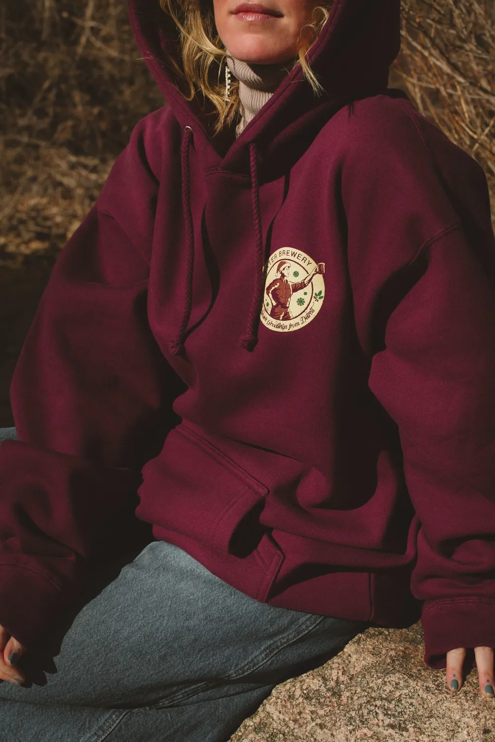 Atwater brewery burgandy hoodie by anthem branding lifestyle 6