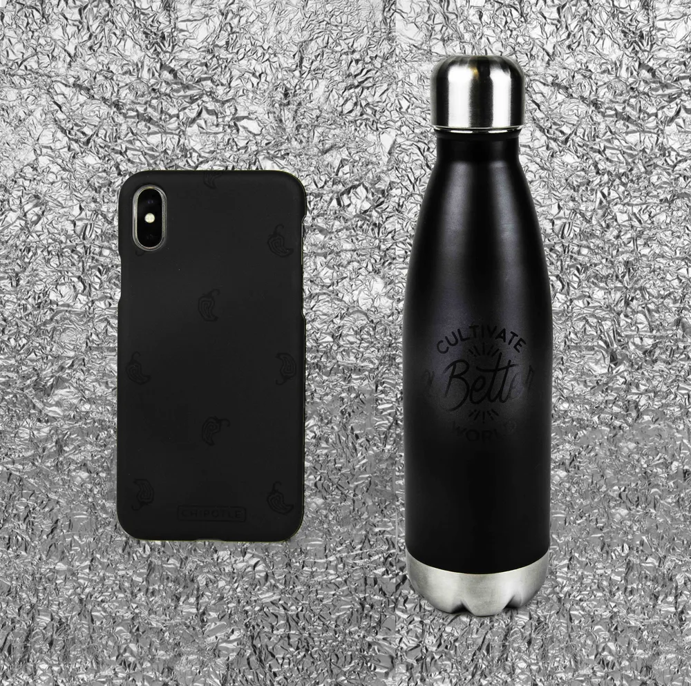 Chipotle custom phone case and water bottle by anthem branding