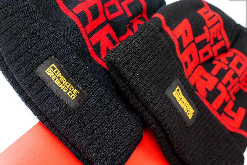 Comrade brewing custom beanie with label by anthem branding