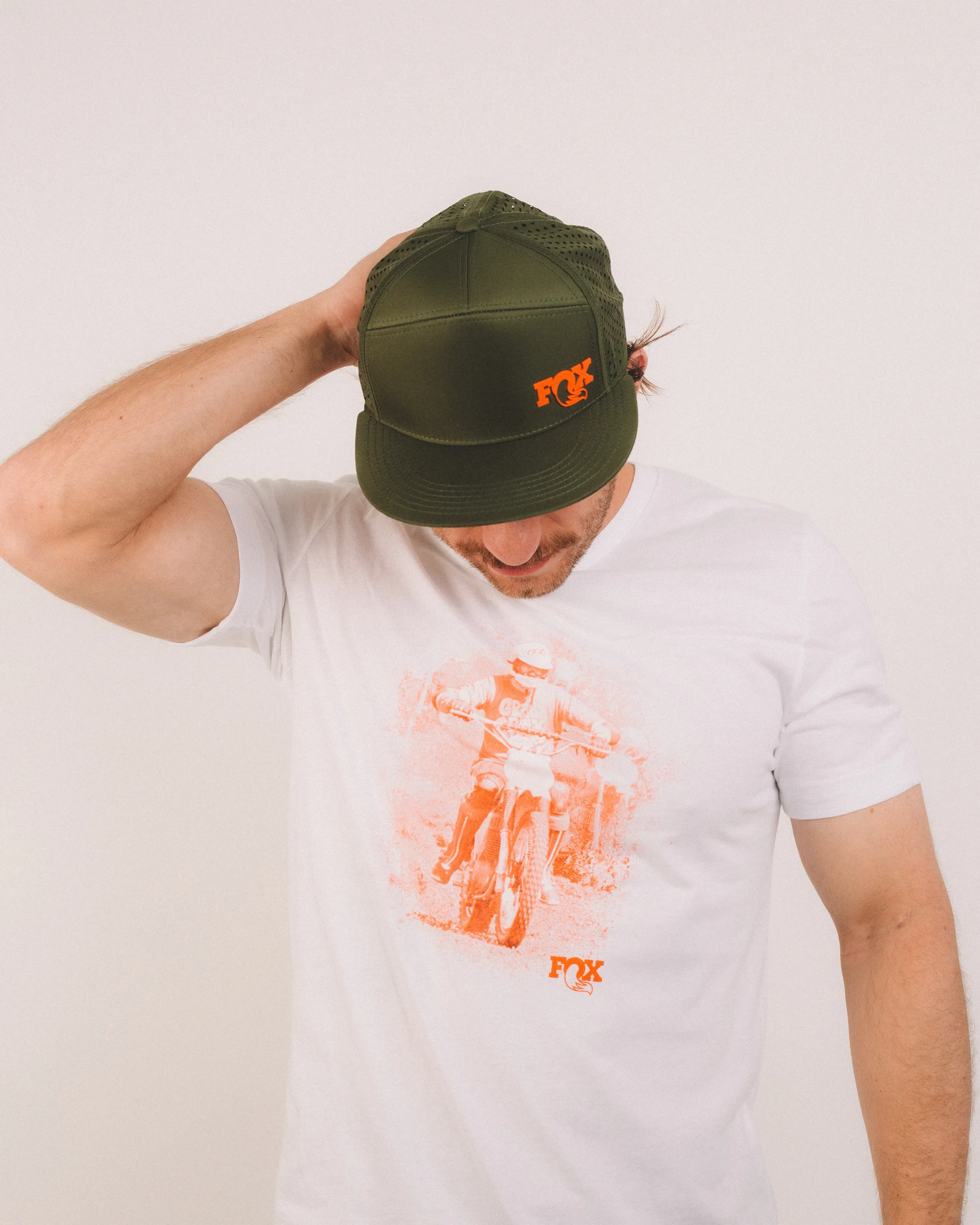 Fox white orange heritage tee x army orange factory hat by anthem branding