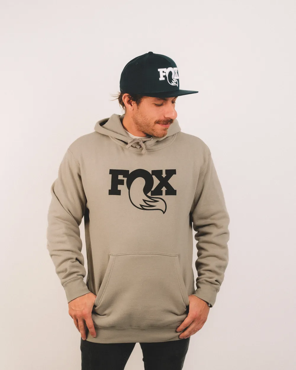 Fox cement black logo hood x midnight blue logo hat by anthem branding 2