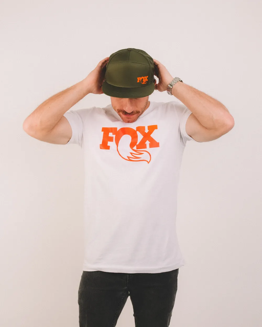 Fox white orange logo tee x army orange factory hat by anthem branding 2