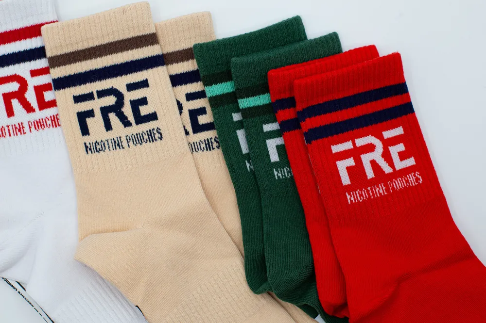 Fre nicotine color socks by anthem branding 1
