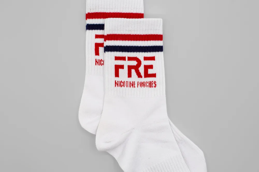 Fre nicotine white socks by anthem branding 1