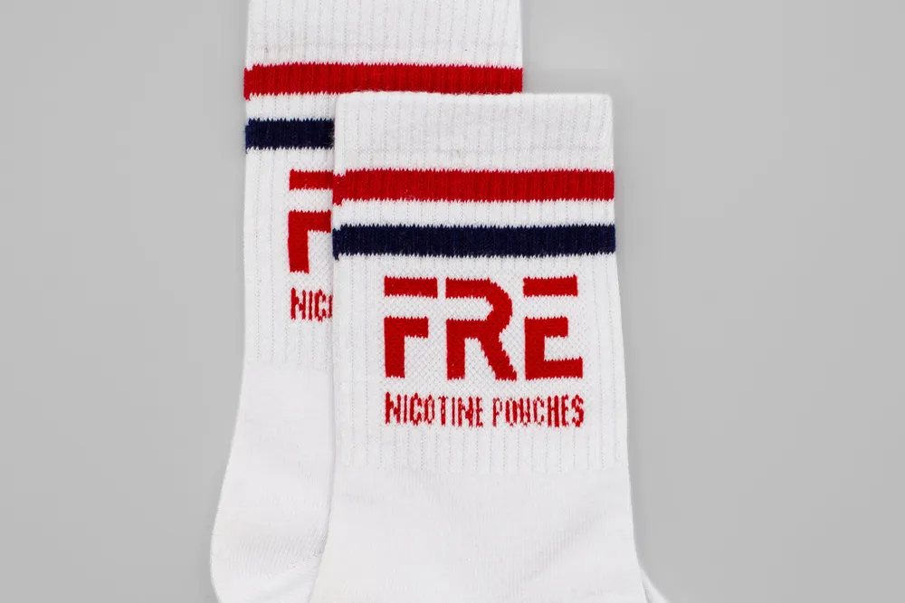 Fre nicotine white socks by anthem branding 2