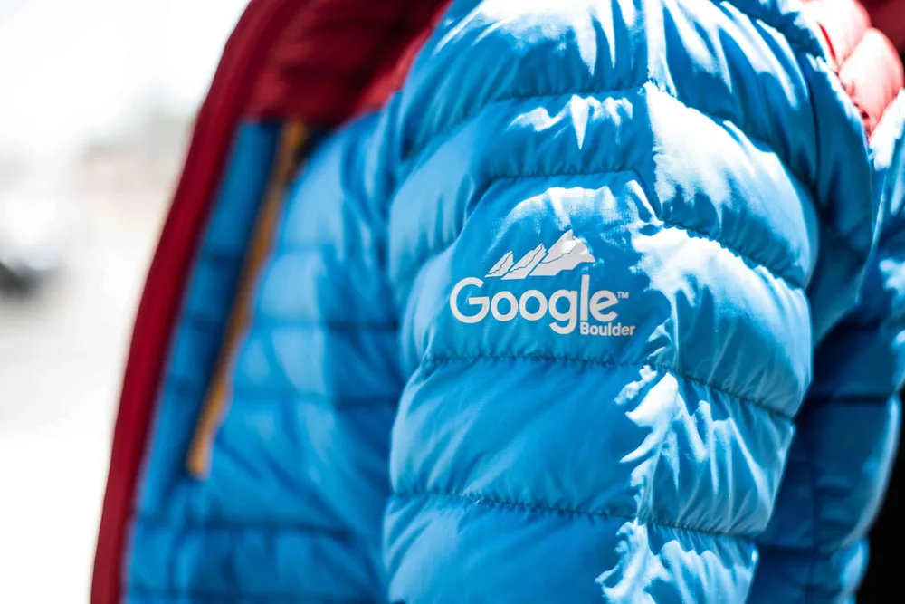 Google boulder puffy jacket by anthem branding logo detail