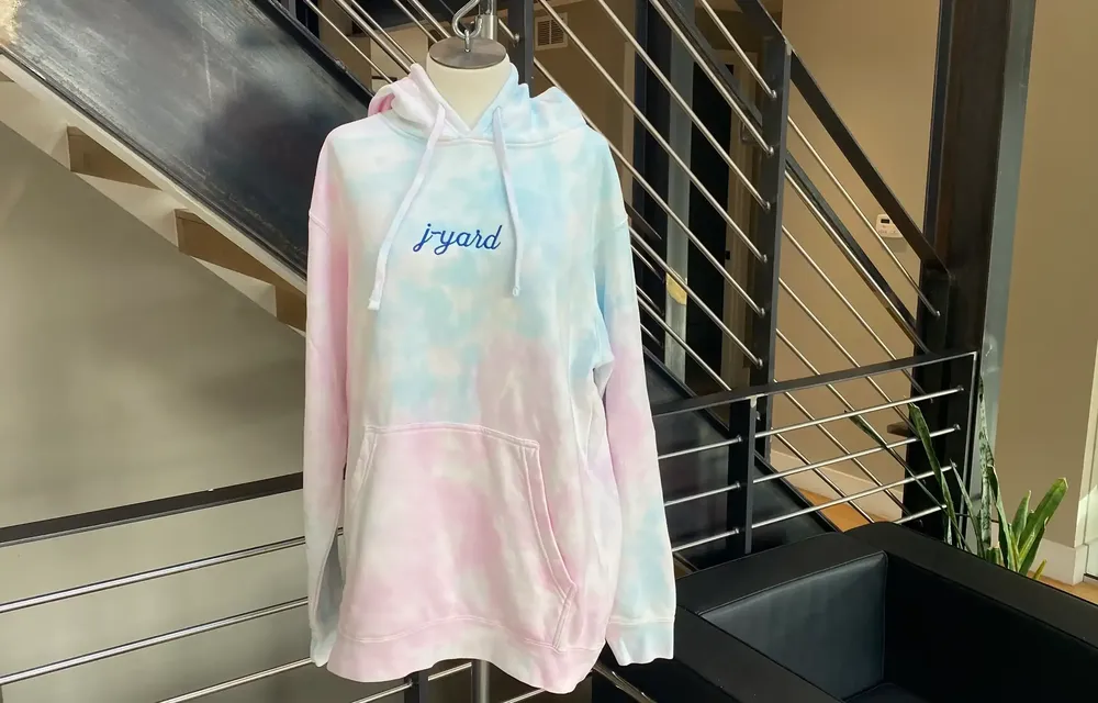 Embroidered j yard pigment dyed hoody anthem branding