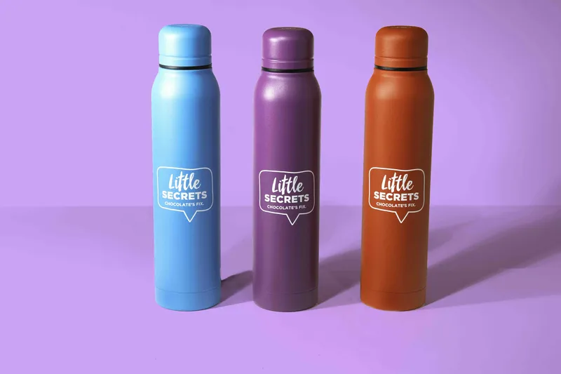 Blue purple and red custom water bottle collection on a purple background made for Little Secrets
