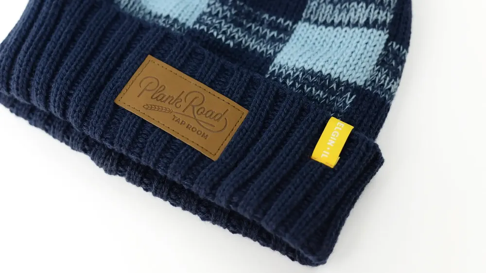 Plank Road Taproom Knit Pom Beanie Etched Leather Patch by Anthem Branding