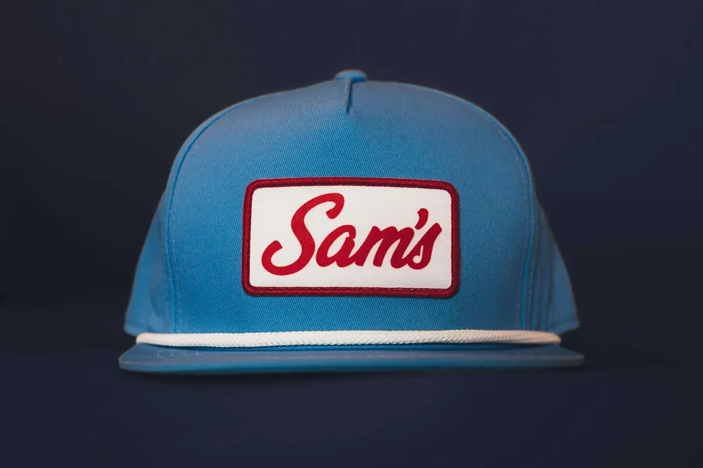 Sams Hats Blue Trucker Hat 5 Panel Trucker Front by Anthem Branding