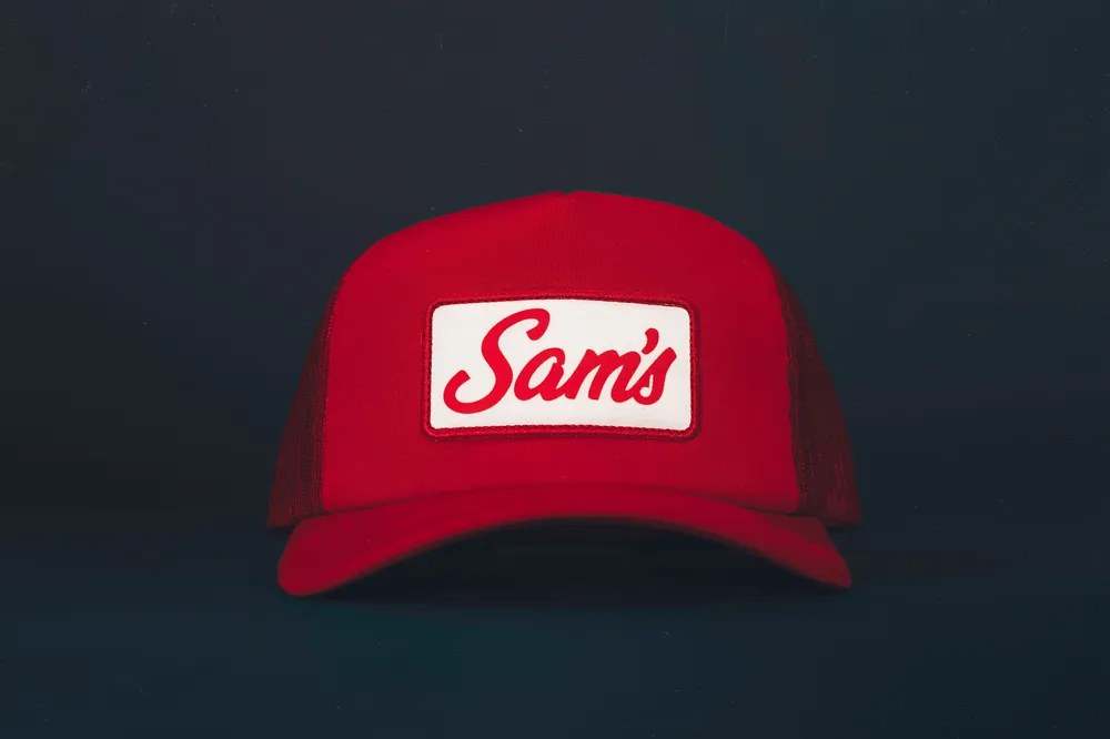 Sams Hats Red 5 Panel Trucker by Anthem Branding