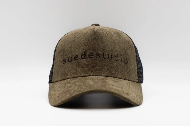 Suede studio 5 panel suede trucker hat by anthem branding