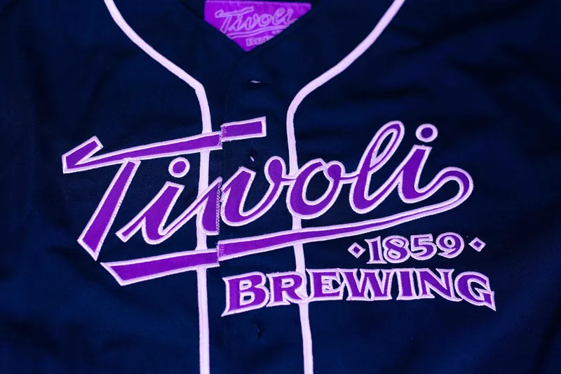 Tivoli Brewing Custom Baseball Jersey Front Tackle Twill Text by Anthem Branding