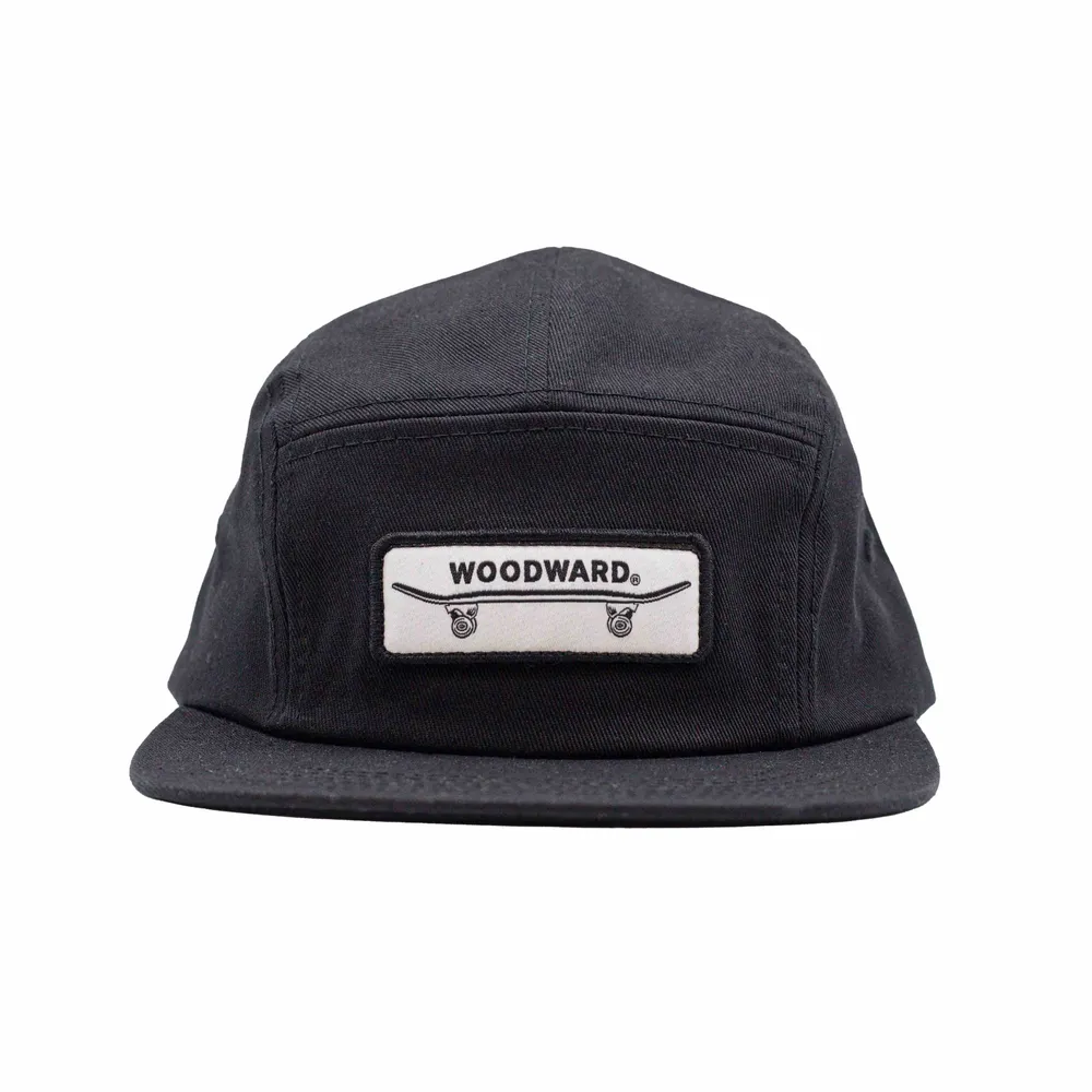 Woodward custom black 5 panel camper hat by anthem branding