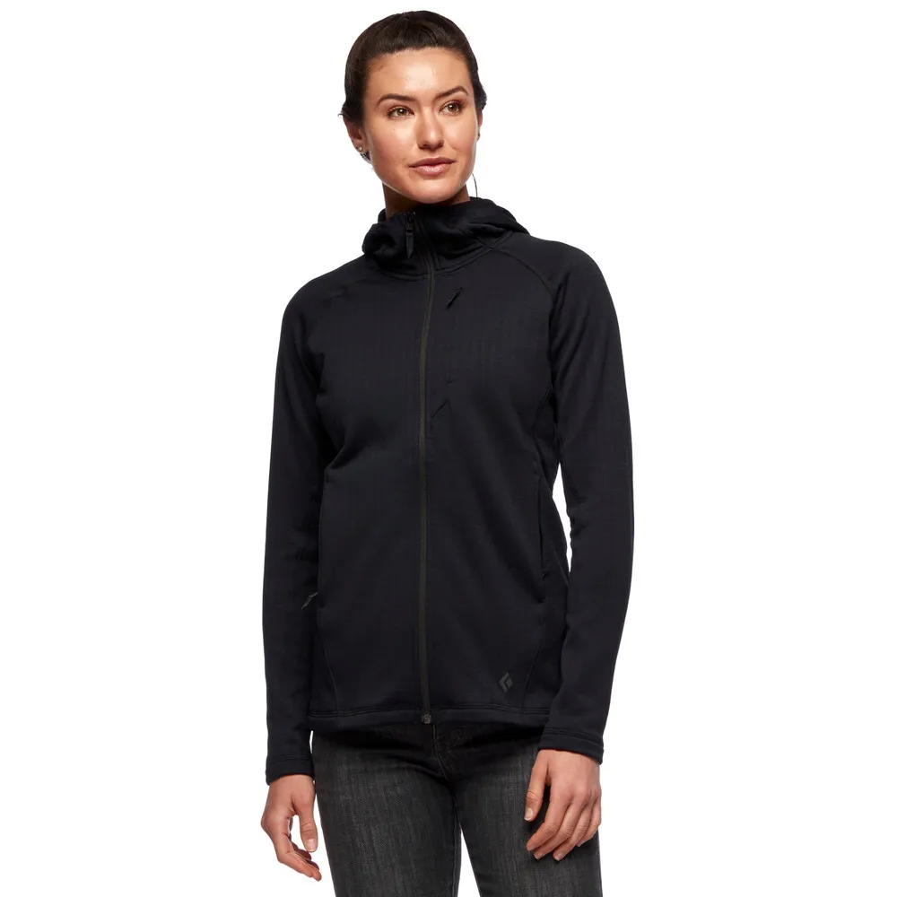 The Black Diamond Women's Factor Hoody is a versatile, four-season technical midlayer with stretch, quick-dry performance, and an under-helmet hood for warmth and functionality.