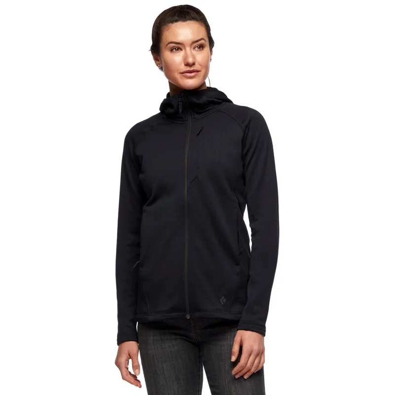 The Black Diamond Women's Factor Hoody is a versatile, four-season technical midlayer with stretch, quick-dry performance, and an under-helmet hood for warmth and functionality.