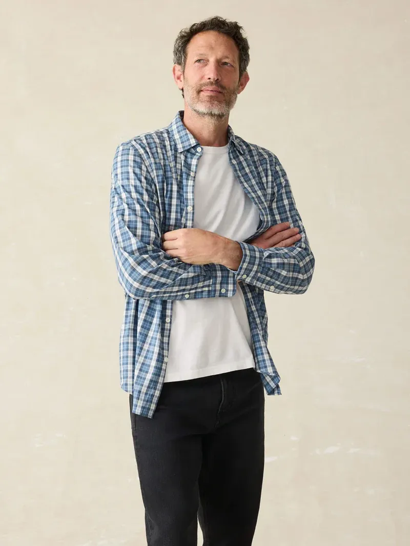 Faherty Movement Sweater Shirt Seaside Blue Plaid corporate sales by anthem branding