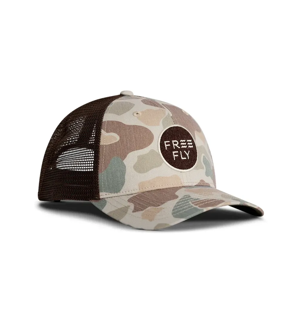 Free fly Vintage Camo Trucker hat group sales by anthem branding