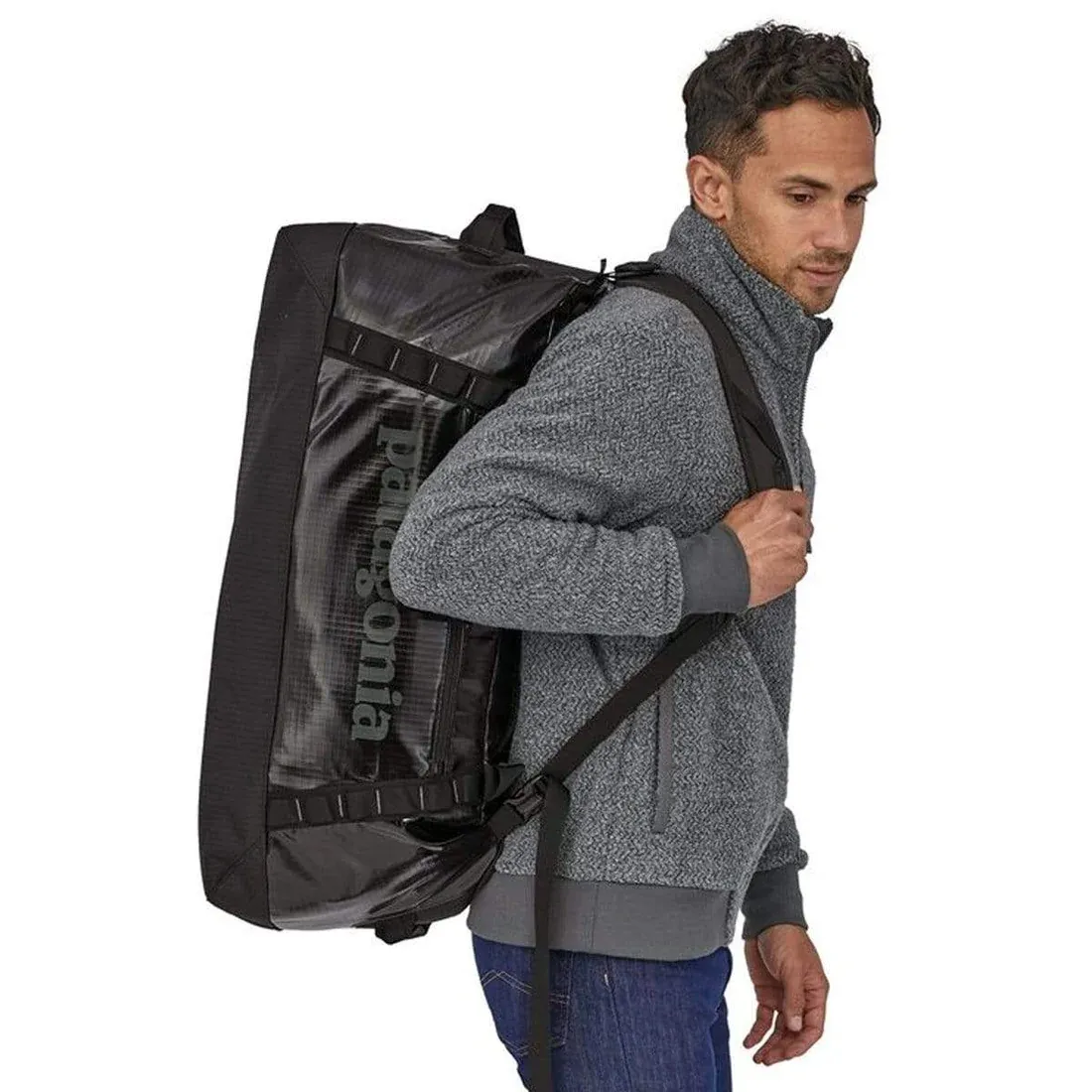 Black custom patagonia black hole duffel bag 70l bags corporate sales by anthem branding